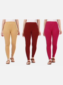 Buynewtrend - Women Cotton Multi-Color Solid Skinny Leggings (Pack of 3)