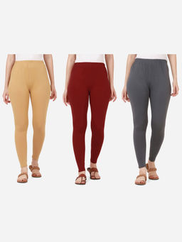 Buynewtrend - Women Cotton Multi-Color Solid Skinny Leggings (Pack of 3)