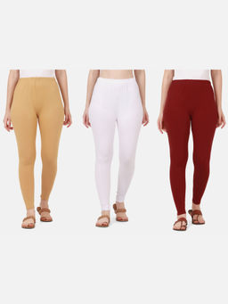 Buynewtrend - Women Cotton Multi-Color Solid Skinny Leggings (Pack of 3)