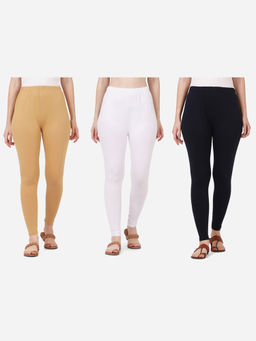 Buynewtrend - Women Cotton Multi-Color Solid Skinny Leggings (Pack of 3)