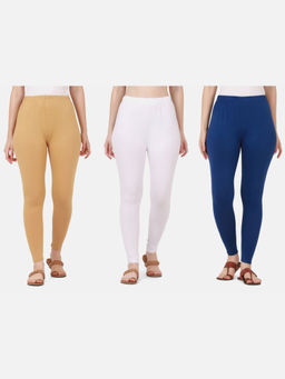 Buynewtrend - Women Cotton Multi-Color Solid Skinny Leggings (Pack of 3)