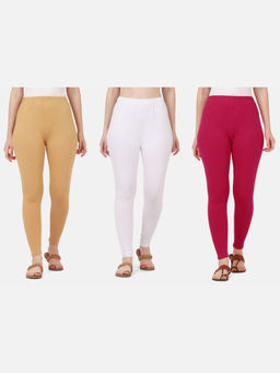 Buynewtrend - Women Cotton Multi-Color Solid Skinny Leggings (Pack of 3)