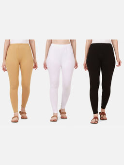 Buynewtrend - Women Cotton Multi-Color Solid Skinny Leggings (Pack of 3)