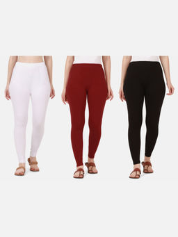 Buynewtrend - Women Cotton Multi-Color Solid Skinny Leggings (Pack of 3)
