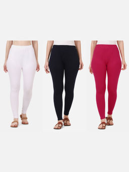 Buynewtrend - Women Cotton Multi-Color Solid Skinny Leggings (Pack of 3)