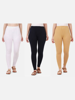 Buynewtrend - Women Cotton Multi-Color Solid Skinny Leggings (Pack of 3)
