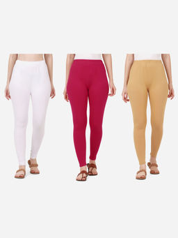 Buynewtrend - Women Cotton Multi-Color Solid Skinny Leggings (Pack of 3)