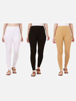 Buynewtrend - Women Cotton Multi-Color Solid Skinny Leggings (Pack of 3)