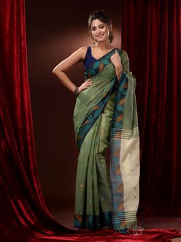 CHARUKRITI - Sap Green Cotton Handspun Foliage Designs Saree with Unstitched Blouse