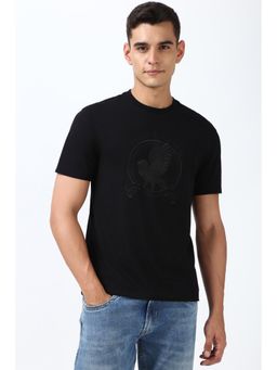 Peter England - Men Black Embroidered Round Neck Regular Fit T-Shirt
