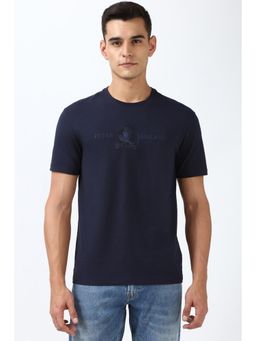Peter England - Men Navy Blue Embroidered Round Neck Regular Fit T-Shirt