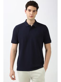 Peter England - Men Navy Blue Solid Collar Neck Regular Fit Polo T-Shirt