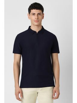 Van Heusen - Men Navy Blue Textured Collar Neck Regular Fit Polo T-Shirt