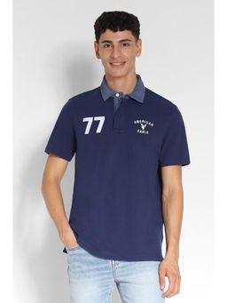 American Eagle - Men Navy Blue Solid Collar Neck Regular Fit Polo T-Shirt