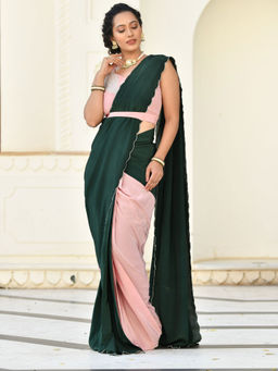 Mulmul - Prakriti Pre-Draped Saree with Blouse (Set of 2)