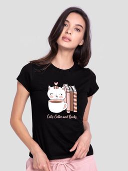 Bewakoof - Women's Black Cats Coffee And Books Graphic Printed Slim Fit T-shirt