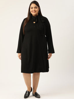 theRebelinme - Plus Size Womens Black Solid Colour Tie-up Neck A-line Dress