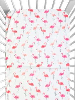 Elementary - Pure Organic Cotton Printed Crib Bedsheet Flamingo Print - White & Pink