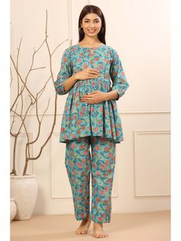 Ikk Kudi By Seerat - Women'S Turquoise Floral Maternity and Nursing Co-ord Set