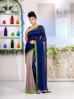CHARUKRITI - Blue And Grey Pure Cotton Half Handwoven Soft Saree with Unstitched Blouse