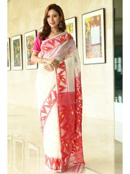 Beatitude - White and Red Handwoven Cotton Saree with Unstitched Blouse