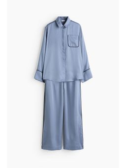 H&M - Women Blue Satin Shirt And Pyjamas