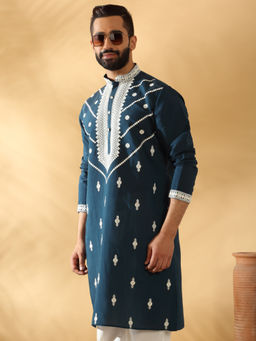 KRAFT INDIA LUXE - Men Blue Cotton Silk Embellished Embroidered Kurta