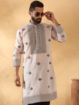 KRAFT INDIA LUXE - Men Peach Cotton Silk Embroidered Floral Kurta