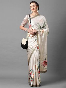 Odette - Off-White Festive Satin Silk Printed Saree with Unstitched Blouse