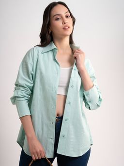 Lounge Dreams - Women Cotton Striped Shirt Green