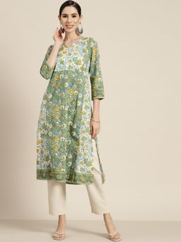 Rain & Rainbow - Women Green & White Floral Printed Cotton Straight Kurta