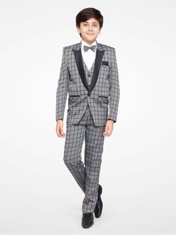 Jeetethnics - Boys Grey Checked Coat Suit With Waistcoat Shirt & Trousers (Set of 5)