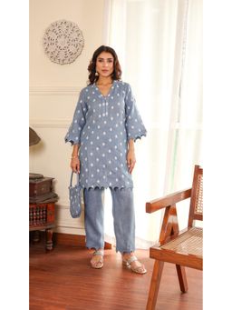 ALLUREARMOIRE - Blue Embordered Linen Kurta with Pant