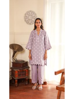 ALLUREARMOIRE - Mauve Embroidered Linen Kurta with Pant