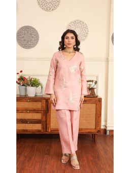 ALLUREARMOIRE - Pink Gold Sequenced Linen Kurta with Pant