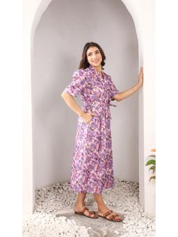 ALLUREARMOIRE - Purple Floral Cotton Dress with Belt