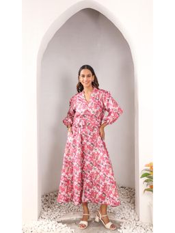ALLUREARMOIRE - Pink Floral Cotton Dress with Belt