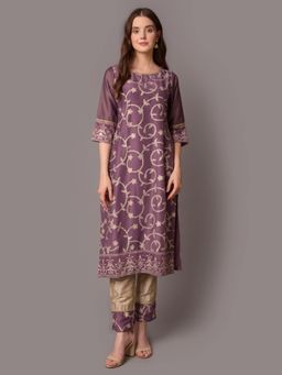 Shree - Women Poly Viscose Purple Floral Printed Kurta With Trouser (Set Of 2)