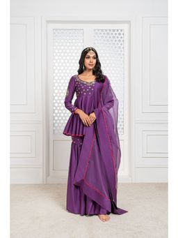 THE AARYA - Purple Handwoven Chanderi Embroidered Gharara (Set of 3)