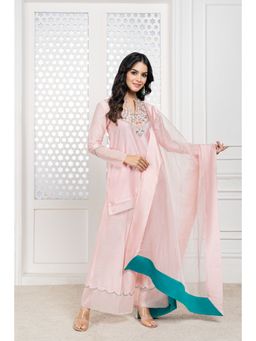 THE AARYA - Peach Handwoven Chanderi Embroidered Short Kurta (Set of 3)