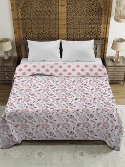 Rajasthan Decor - White and Pink Floral Printed 120 GSM Reversible Cotton Double Bed AC Dohar (Queen)