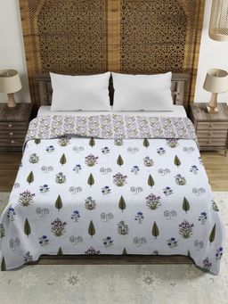 Rajasthan Decor - White Ethnic Printed 120 GSM Reversible Cotton Double Bed AC Dohar (Queen)