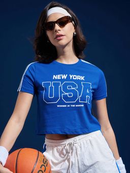 TOKYO TALKIES - Women Blue Round Neck Fitted Crop T-Shirt