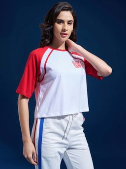 TOKYO TALKIES - Women White Red Colorblock Raglan Sleeve Graphic T-Shirt