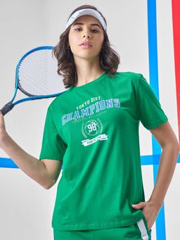 TOKYO TALKIES - Women Green Round Neck Varsity Printed T-Shirt