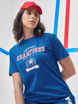 TOKYO TALKIES - Women Blue Round Neck Varsity Printed T-Shirt