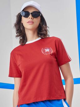 TOKYO TALKIES - Women Red Round Neck Printed Oversized T-Shirt