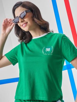 TOKYO TALKIES - Women Green Round Neck Printed Oversized T-Shirt