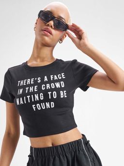 TOKYO TALKIES - Women Black Typography Chest Printed Rib Crop T-Shirt
