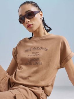 TOKYO TALKIES - Women Brown Round Neck Extended Sleeve Relaxed T-Shirt